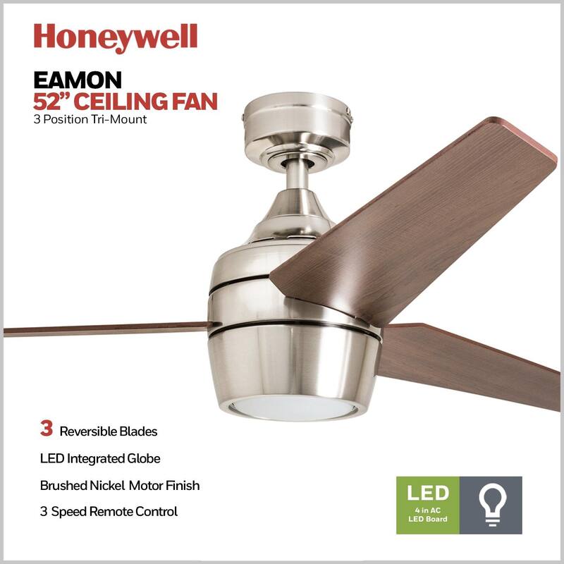 Honeywell Eamon LED Ceiling Fan with Remote, Modern, 3 Blade, Brushed Nickel - 52-inch