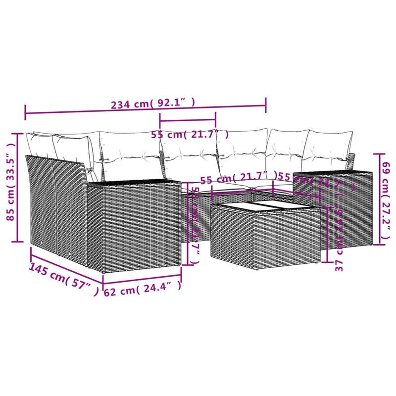 vidaXL Patio Sofa Set with Cushions Outdoor Furniture 7 Piece Poly Rattan - 24.4 x 24.4 x 27.2