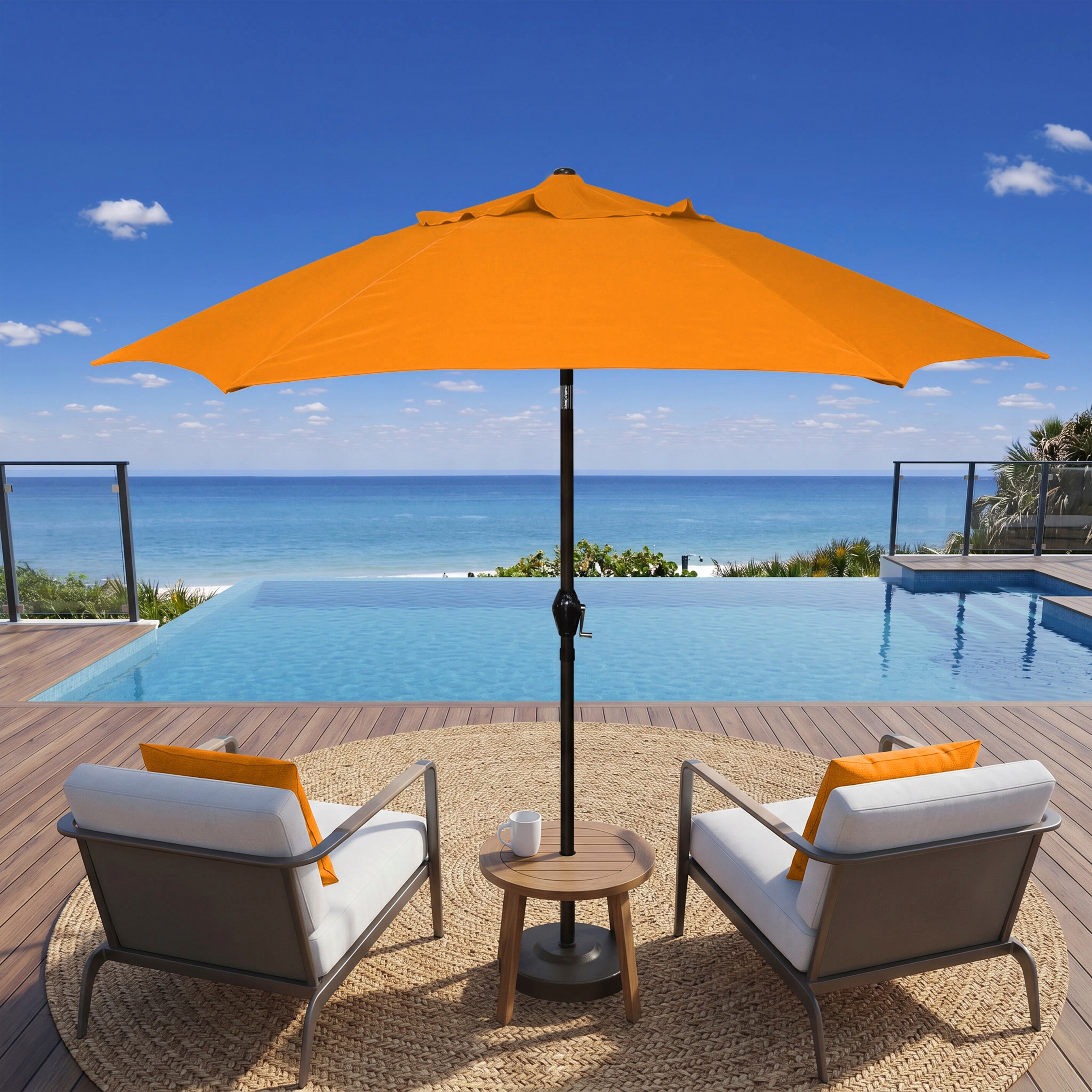9 ft patio umbrella with crank and tilt Terrace Arc Scalloped Fringe Market Half Cran Pier 1 duty resin Tan 9-Ft Patio Umbrella with