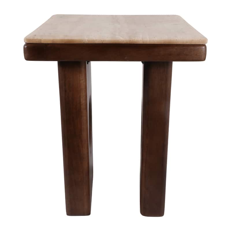 Square Stone Top Accent Side Table with Wood Base - 21", Tan & Brown - 21.0"