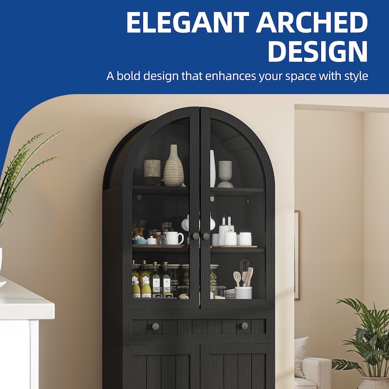 Moasis 71" Tall Farmhouse Arched Kitchen Pantry with Large Drawers And Adjustable Shelves