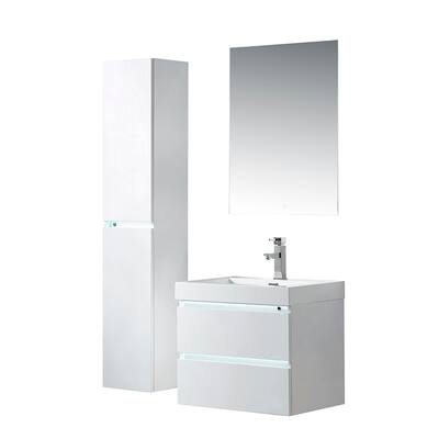 Vanity Art LED Light 24-Inch Single Sink Wall Hung Bathroom Vanity Set White Stone Top Glossy Finish with Sensor Switch