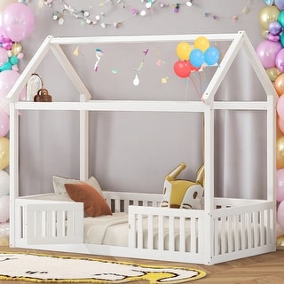 Kids and Baby Twin Size Wood House Bed with Fence and Door,Solid Construction For Home