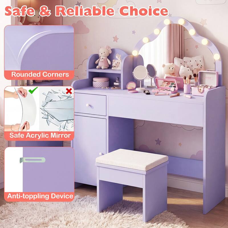 Gymax Kids Vanity Set Princess Pretend Play Makeup Desk w/ Cute