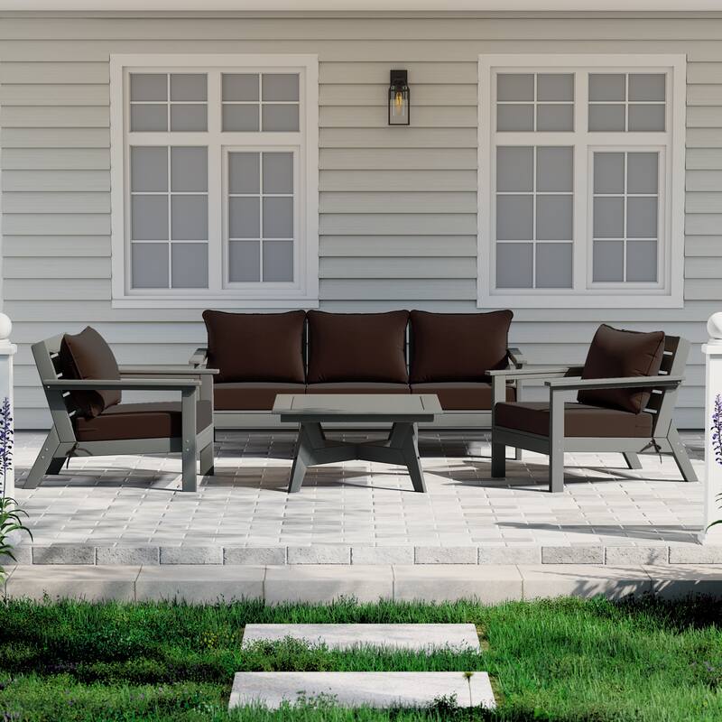 Birchwood All Weather HDPE Outdoor Patio Gray Deep Seating Conversation Set (6-Piece Set) - Gray/Brown