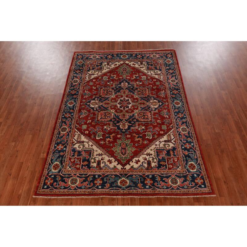 Vegetable Dye Red Heriz Serapi Oriental Area Rug Handmade Wool Carpet - 5'6"x 7'11"