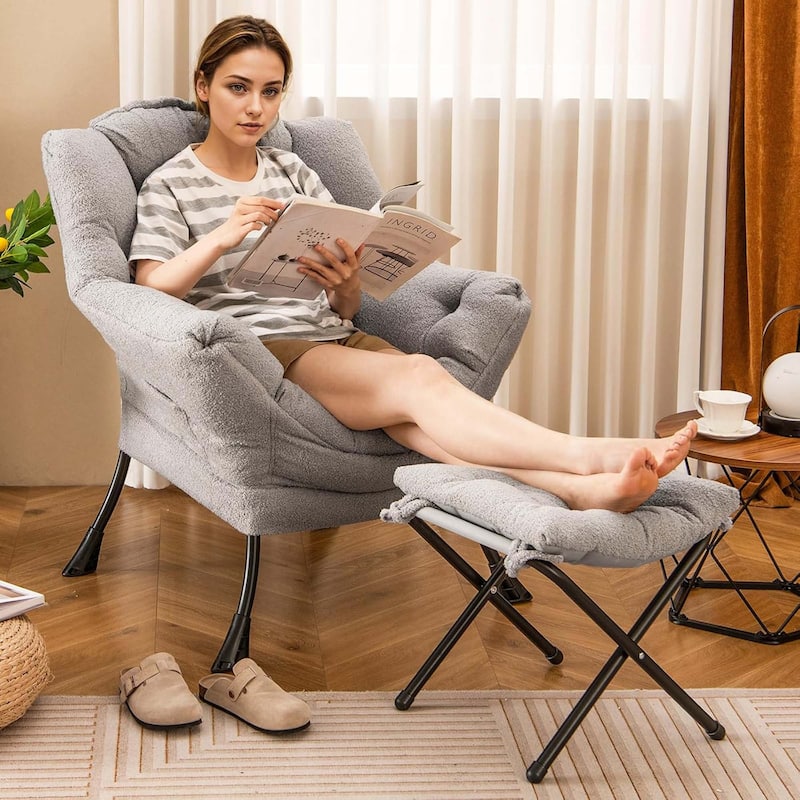 Sherpa Lazy Chair w/ Ottoman Comfy Lounge Reading Accent Chair