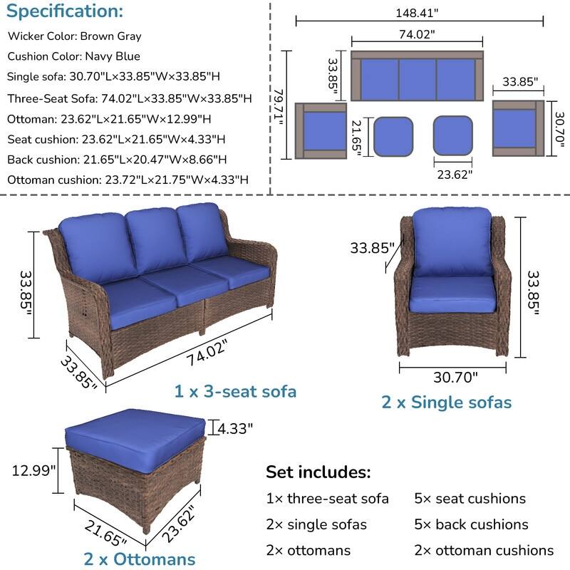 5-piece Patio Furniture High Back Conversation Set with Navy Blue Cushions
