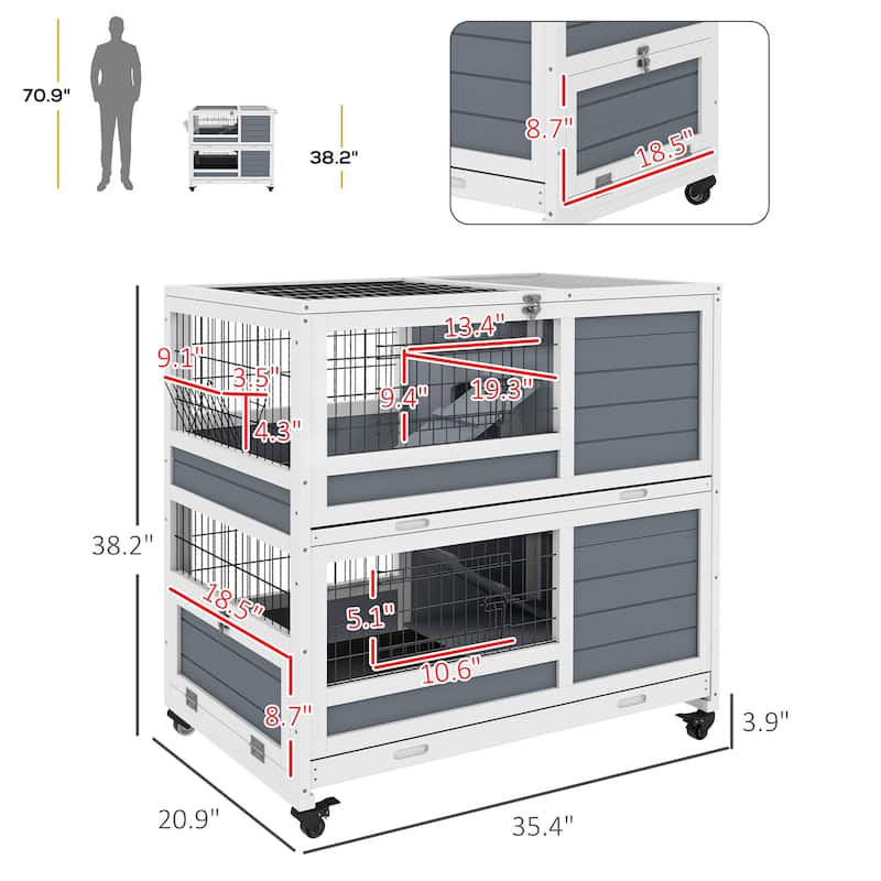 White and Grey Double-Decker Bunny Hutch with Ramps Tray and for Small Animals - 35.5" L x 20.75" W x 38.25" H