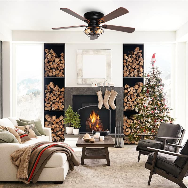 Industrial 48-in Wood 5-Blade Flush Mount Black Low Profile Ceiling Fan with Remote and Light Kit