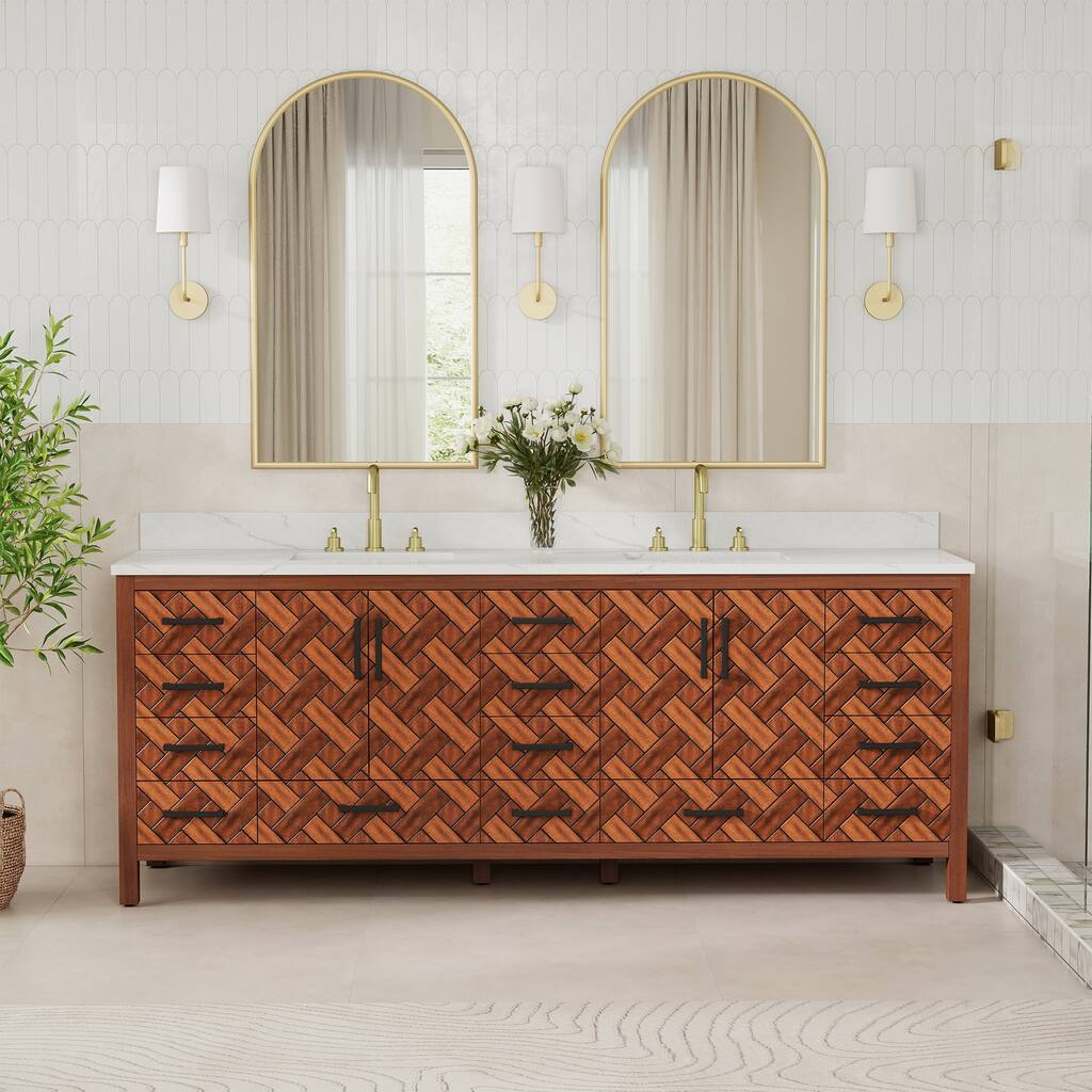 84" Freestanding Bathroom Vanity with Engineered Stone Top, Ceramic Double-Sink, Built-In Power Outlet, and Hair Dryer Storage