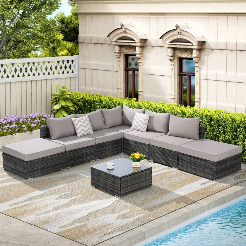 8-Piece Sectional Sofa Set with Washable Cushions & Glass Table