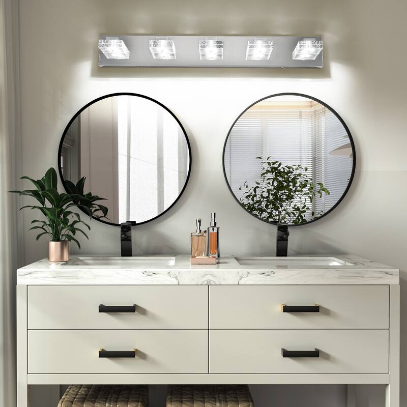 31" Modern Chrome 5-Light LED Vanity Light, Square Acrylic Lampshades Wall Mount Fixture for Bathroom, Mirror Lighting
