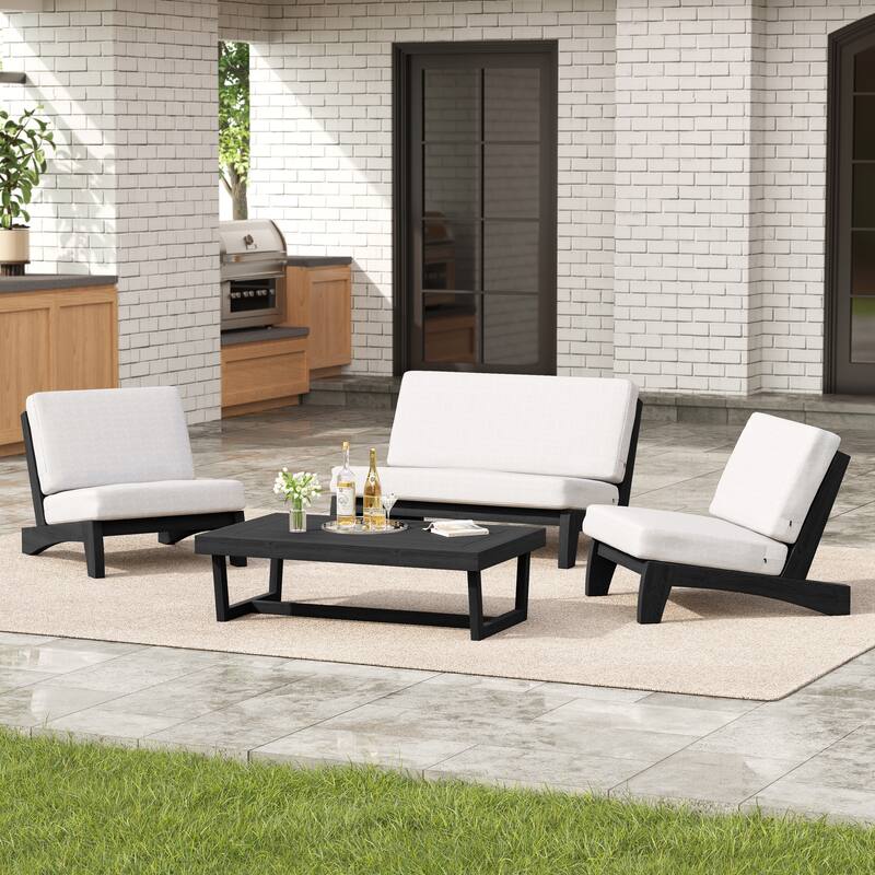 4 Set Outdoor Patio Teak Wood Club Chairs Loveseat with Coffee Table - Beige - BlackFrame
