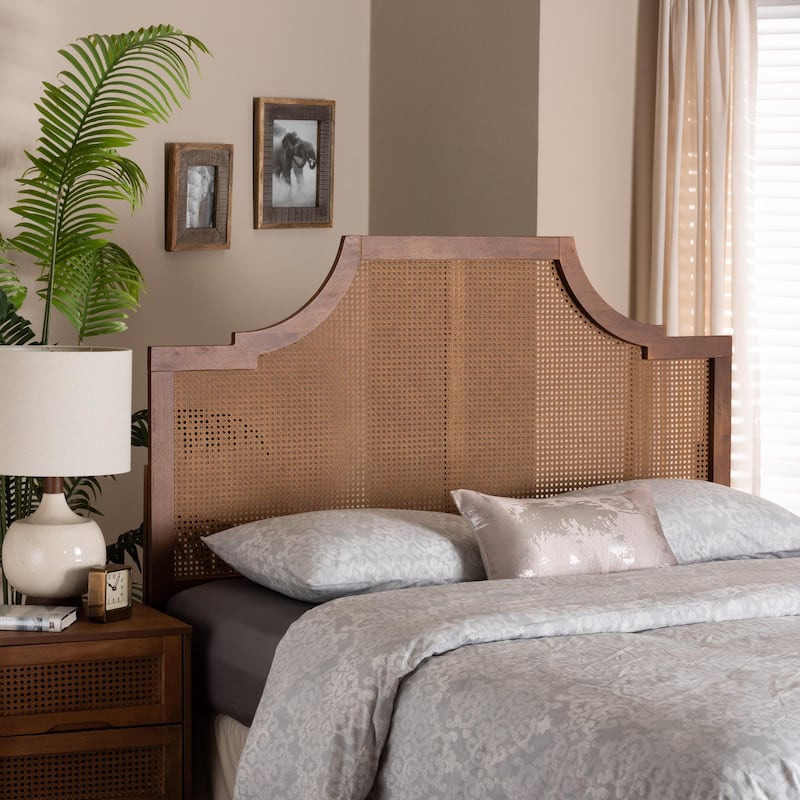 Risha Mid-Century Modern Ash Walnut Finished Wood and Rattan Headboard