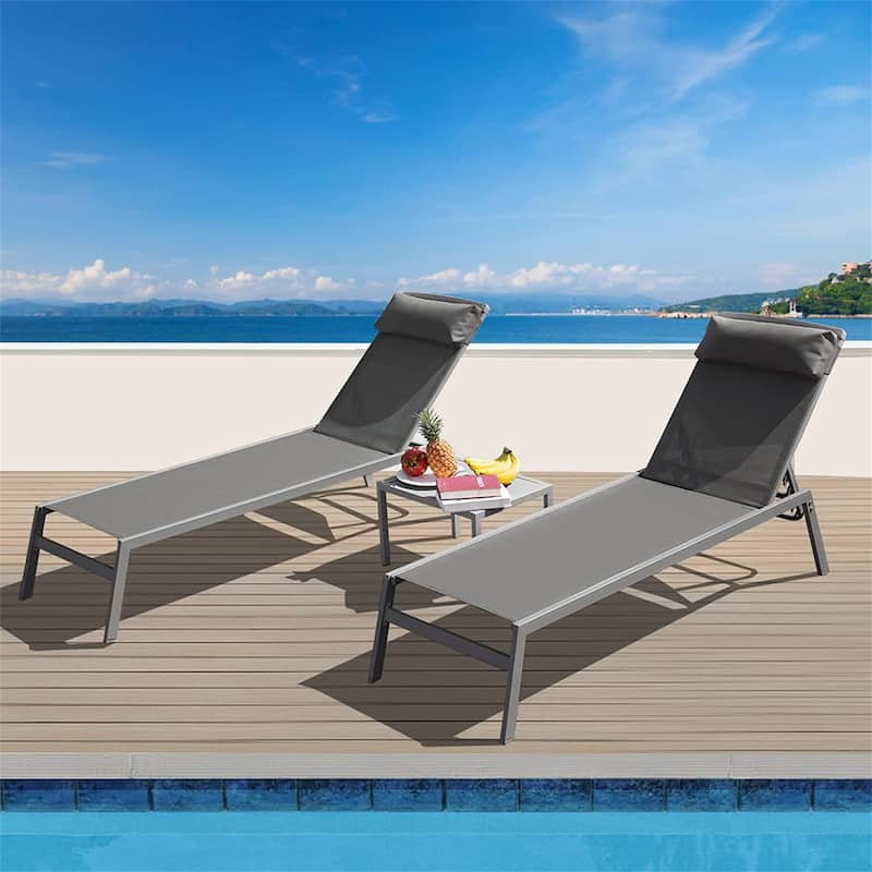 5 Adjustable Aluminum Outdoor 2 Chaise Lounge Chair with Pillow and 1 Table in Blue