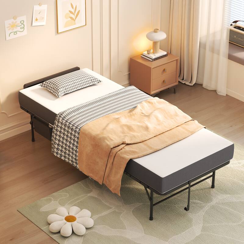 75" Folding Bed with Adjustable Headboard & 5" Memory Foam, Space Saving Rollaway Guest Bed for Tall People, Twin Cot on Wheels
