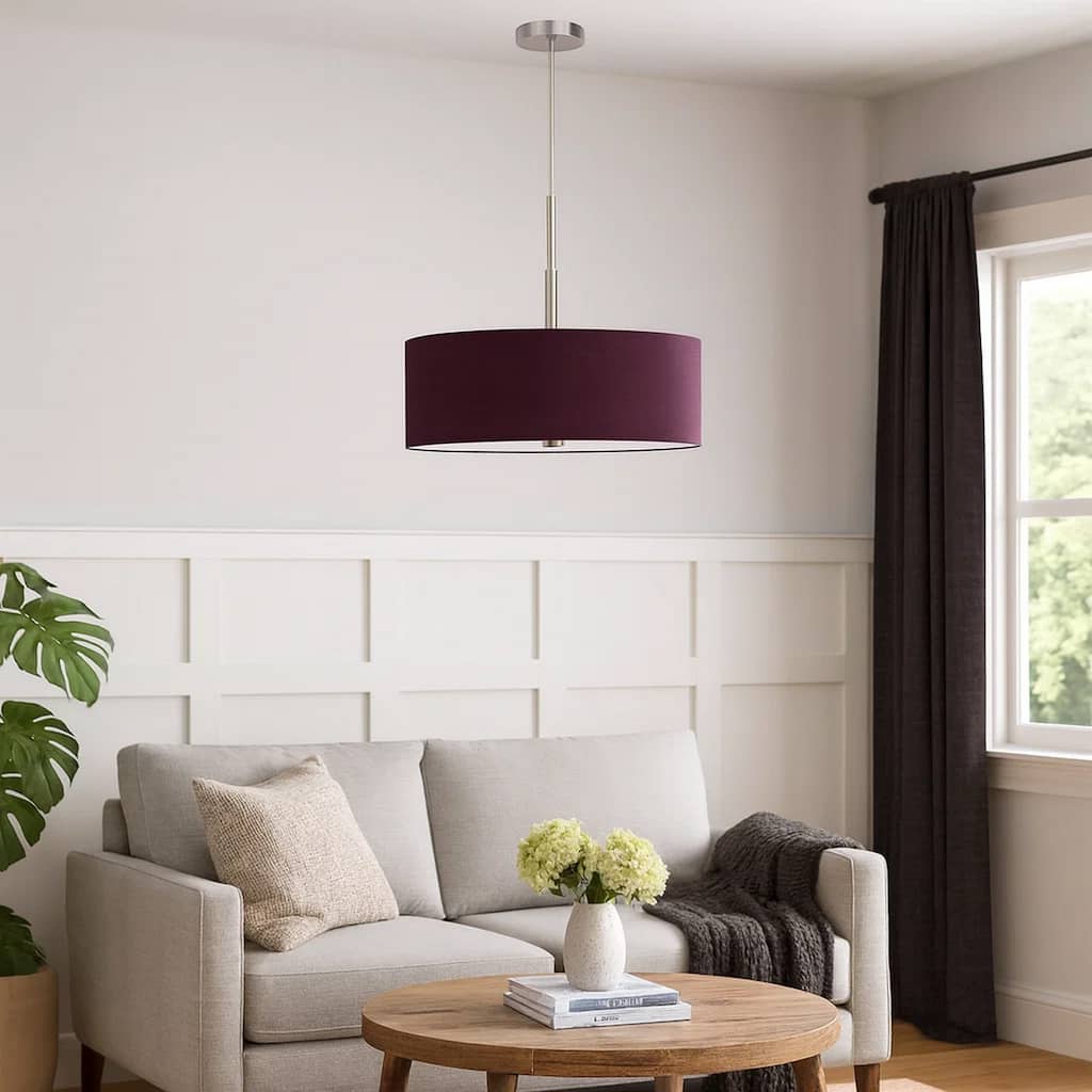 Sia Pendant Light Fixture w Plum Hardback Drum Shade, 24 Inch Chrome