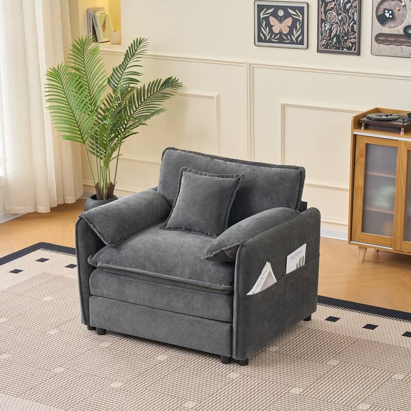 Anmytek Oversized Modern Grey Chenille Armchair with Toss Pillow and Deep Seat