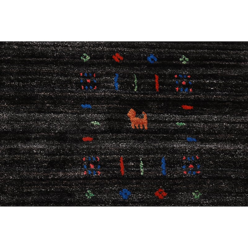 Striped Black Gabbeh Oriental Area Rug Hand-Knotted Silk Carpet - 8'2" x 9'8"