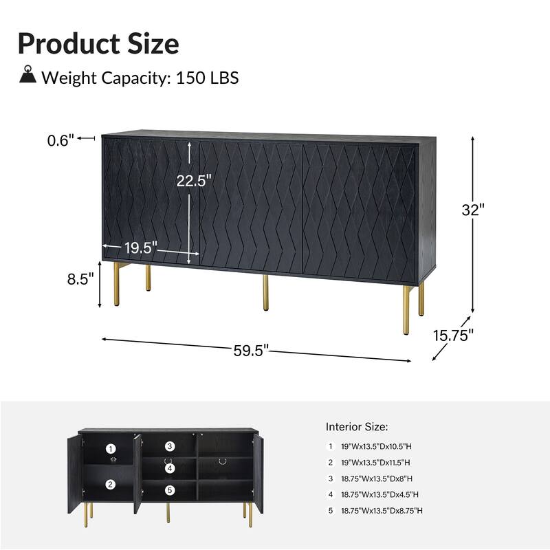 Petter Modern Diamond-shaped 60"Wide 3 Door Sideboard with Adjustable Shelves and Golden Metal Legs by HULALA HOME