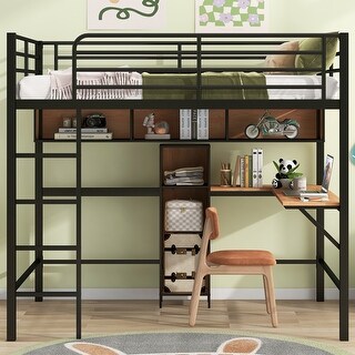 Full Size Loft Bed with Desk and Shelves in Black & Brown