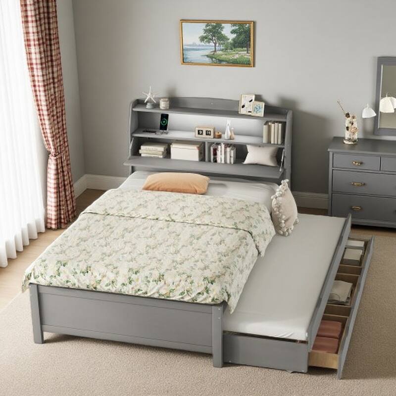 Full Platform Bed with Pull-Out Trundle, LED Headboard Lighting, USB Charging Ports, Flip-Up Storage, and Under-Bed Drawers - Gray - Full
