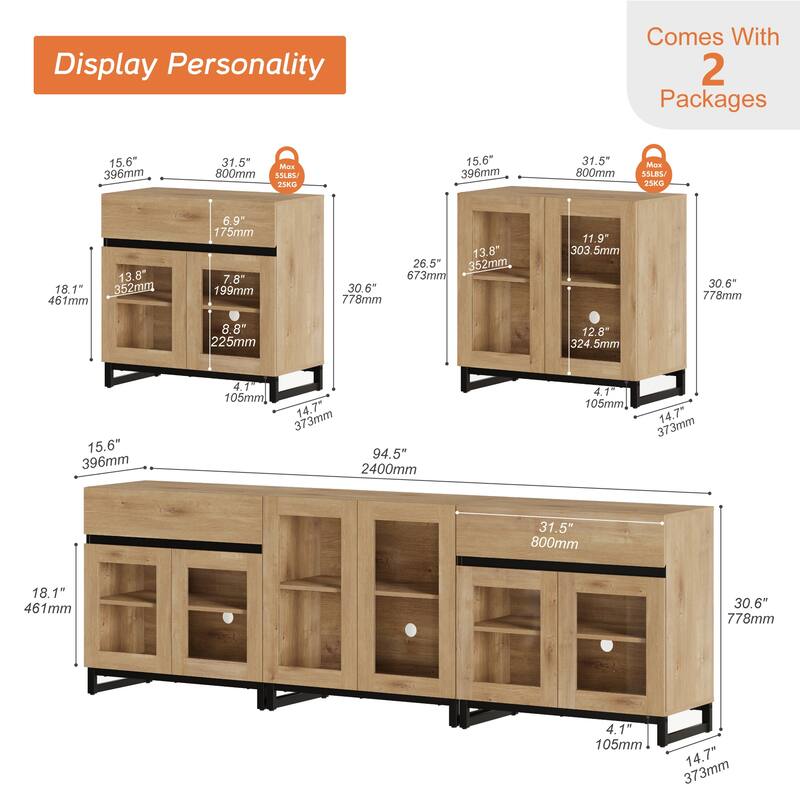 WAMPAT 3 in 1 Modern Sideboard with Adjustable Shelves and 2 Drawers, Coffee Bar Cabinet for Living Room, Kitchen
