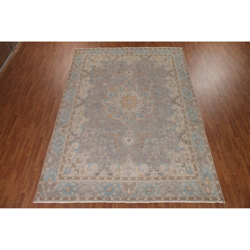 Hand Knotted Oriental 100% Wool Carpet Traditional Floral Greys & Charcoal Tabriz Area Rug - 12' 11'' X 9' 5''