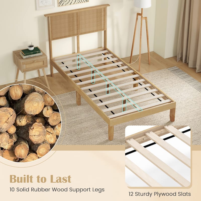Gymax Twin/Full/Queen Size Bed Frame w/ Rattan Headboard 10 Solid Wood