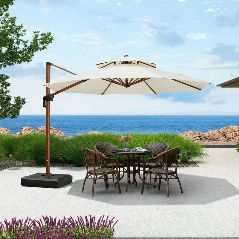 PURPLE LEAF 11ft Round Wood Pattern Patio Cantilever Umbrella with Base - Cream