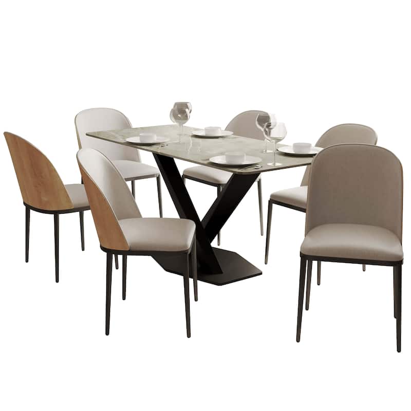 Voren 7-Piece Dining Set 55-Inch Rectangular Sintered Stone Dining Table and 6 Dining Side Chairs - Natural Wood/Beige