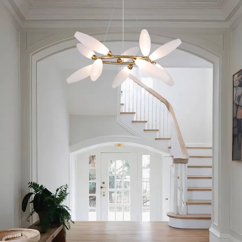 10-Light Ring Pendant Lamp in Gold Finish Art Glass Gem Branch Chandelier - Brass Gold
