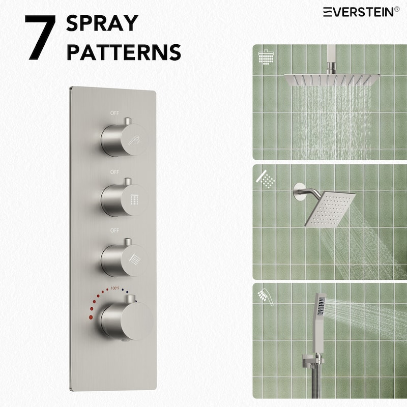 Dual Heads 16" Rainfall & High Pressure 6" Shower System w/ 3 Way Thermostatic Faucet 
