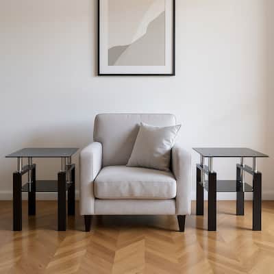 HomeRoots Set of Two Black Glass and Metal Square End Tables With Shelf - 17.72 in. x 20.48 in. x 17.72 in.