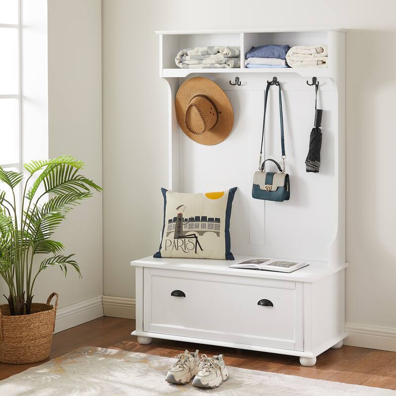 Modern Classic Hall Tree with Shoe Rack Bench and Coat Hooks for Hanging Storage - White