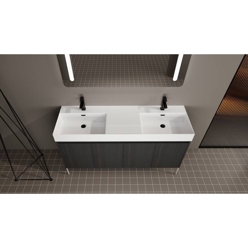 GDFStudio - Sydney Modern Freestanding Bathroom Vanity Cabinet with Double Resin Sink & 4-Soft Closing Doors - 60"