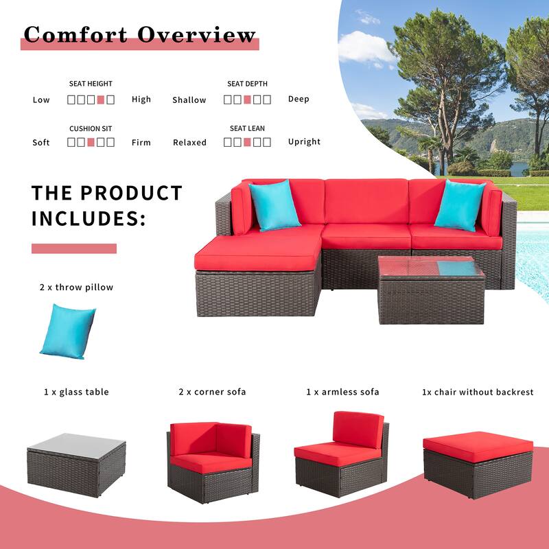 Futzca 5-Piece PE Wicker Patio Furniture Set with Red Pillows