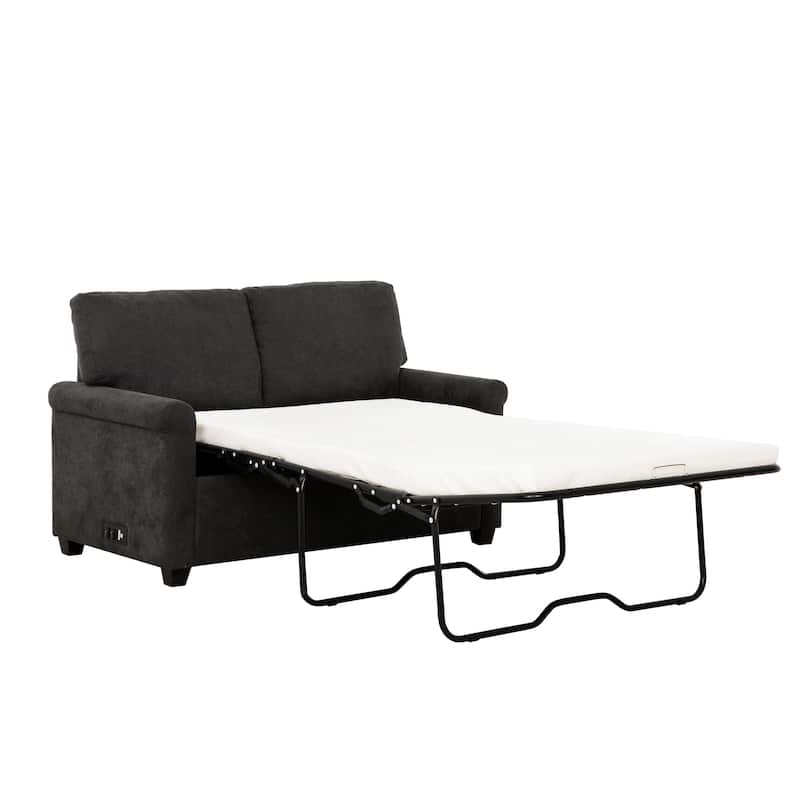 54 Inch Plush Convertible Sofa Bed with Rolled Arms, USB Ports, Dark Gray