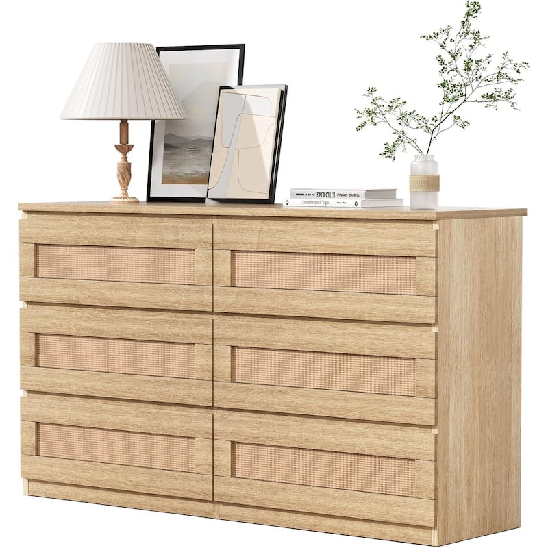 Rattan Dresser for Bedroom, 6 Drawer Double Dresser, Modern Wood Chest of Drawers - Natural - 6-drawer