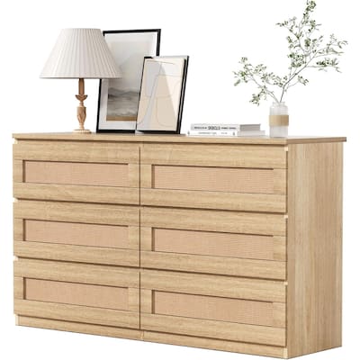 Rattan Dresser for Bedroom, 6 Drawer Double Dresser, Modern Wood Chest of Drawers