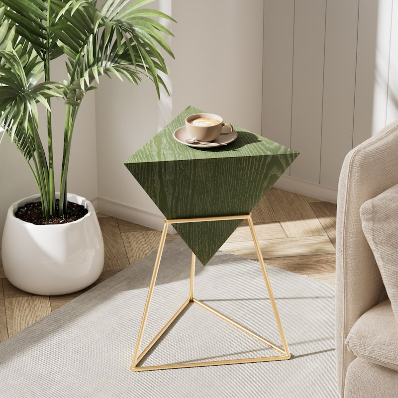 COZAYH Modern Geometric End Table with Wooden Top and Metal Base, Unique Pyramid Side Table Plant Stand for Office, Triangle