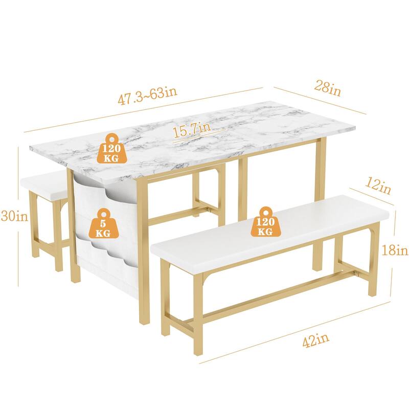 VECELO 3-Piece Dining Table Set with 2 Benches, 63" Extendable Kitchen Table & Chairs Set for 4-8, Dining Room Table