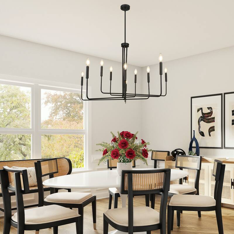 Modern Farmhouse Black 10-Light Candle Chandelier for Dining Living Room - D 43.3" x H 26.8"