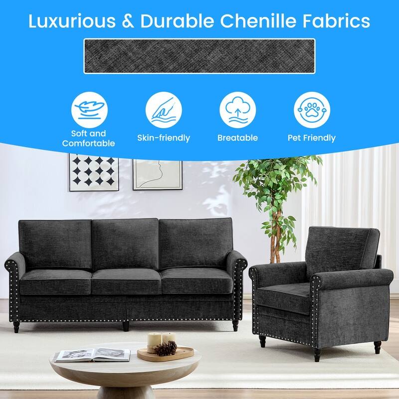 Mixoy Chenille Fabric 3-Seater Sofa Couch with Single Sofa Chair with Rivet Design,Solid Wood Gourd Legs for Living Room - 3+1