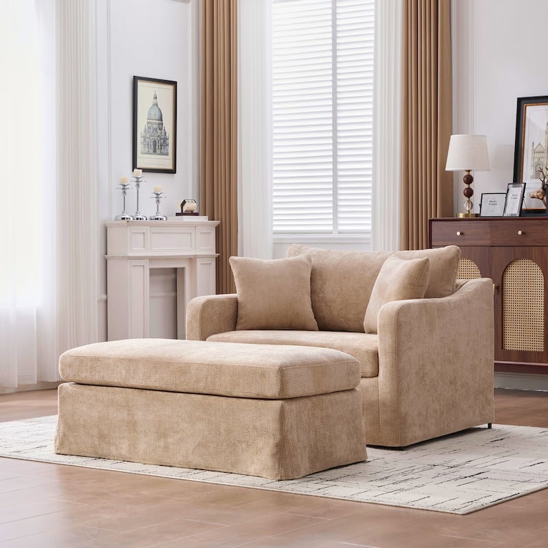 Morden Accent Chair with Ottoman, Chenille Living Room Side Chair, Single Sofa Armchair with Bolster Pillows