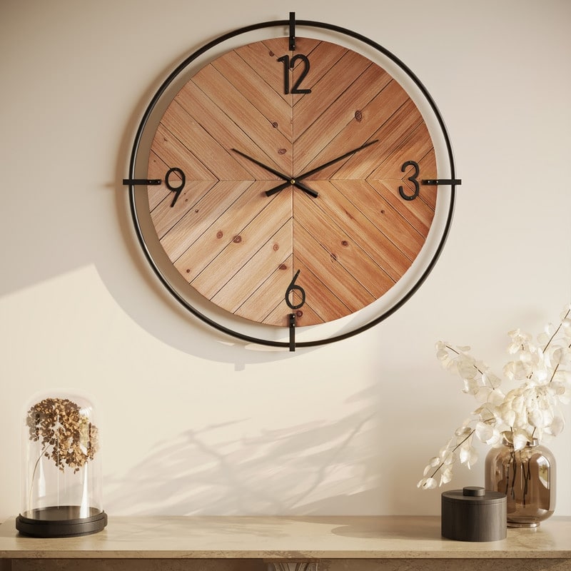 Evelyn Herringbone Wood Round Wall Clock - 33"H x 33"W x 1.25"D
