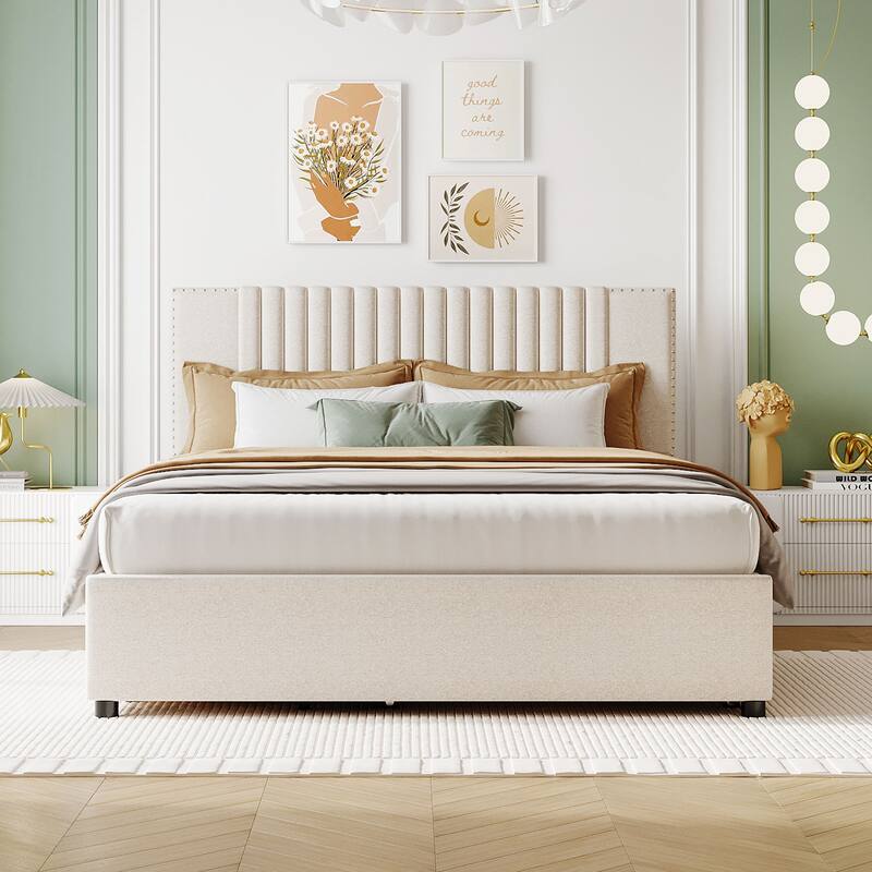 Linen Platform Bed with Drawers & Trundle