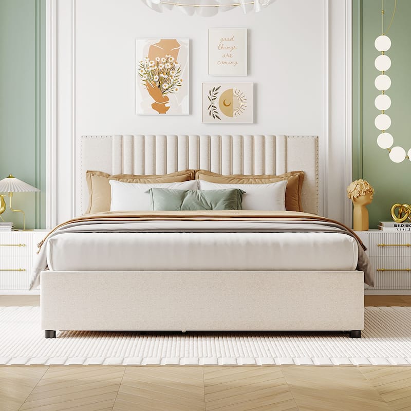 Nordic Creative Queen Size Upholstered Platform Bed with Comfy Soft Headboard Design & 2 Drawers and 1 Twin XL Trundle Bed