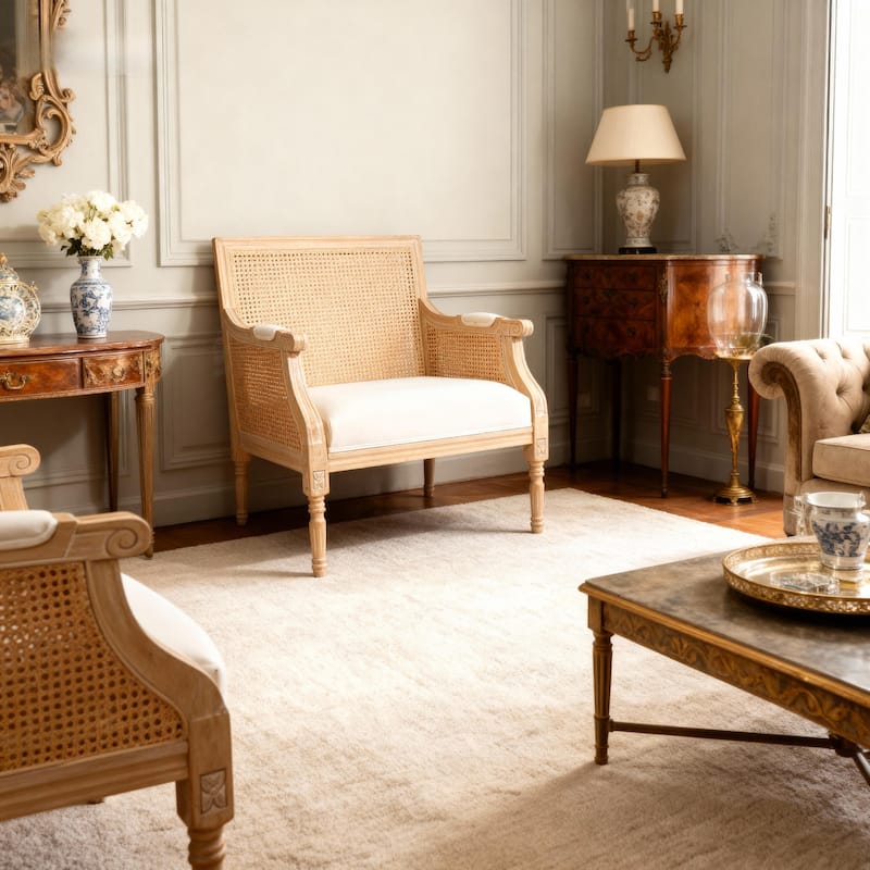 GDFStudio - Classic French Traditional Cotton Linen Upholstered Accent Armchair with Rattan Backrest & Contoured Armrests